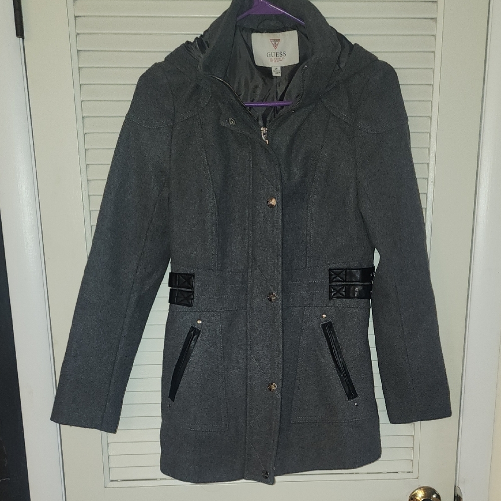 🔥 GUESS Wool-Blend Zip Front Coat with Faux Leather Trim – Gray – Size S/P